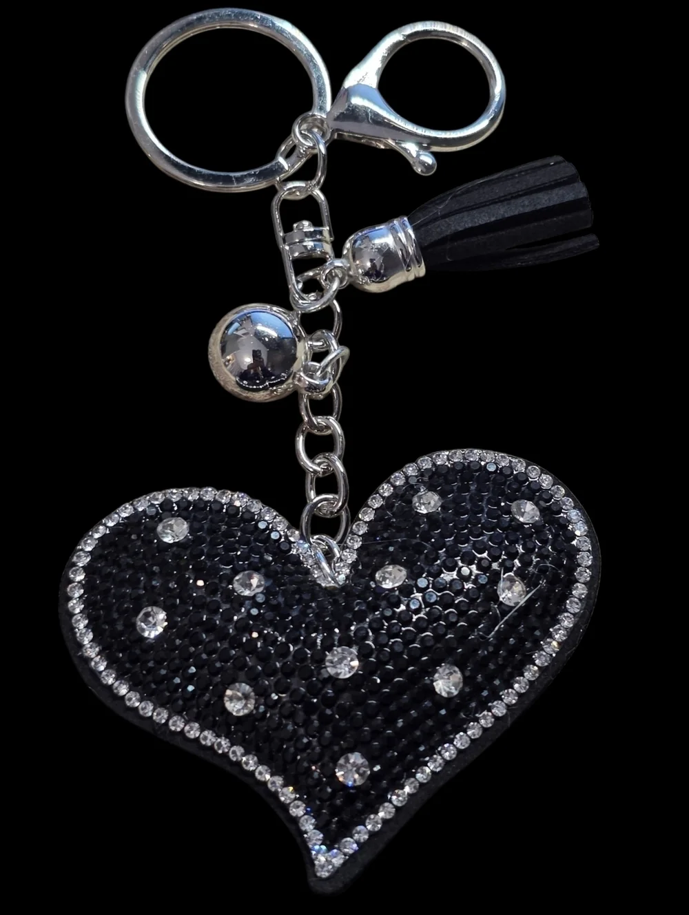Black Crystal Heart Key & Bag Charm with Tassel